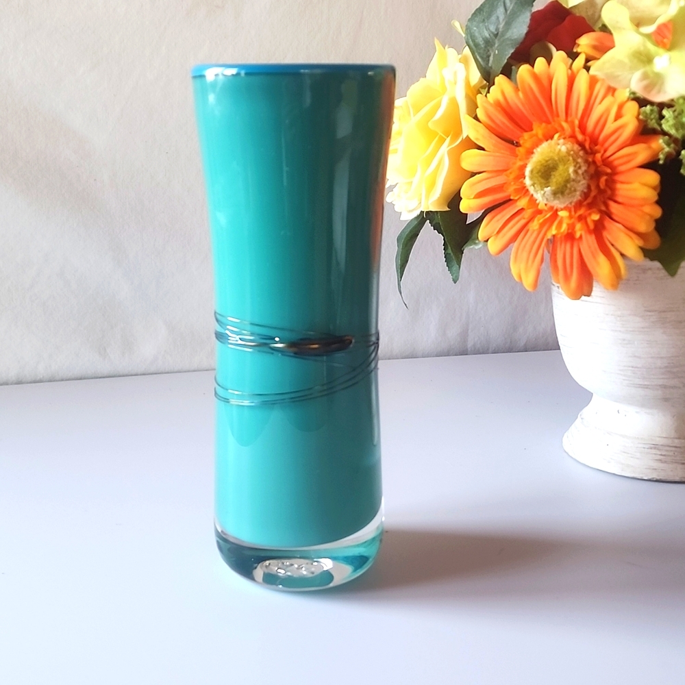 Unique Glass Vase with Design and Signature on the bottom.